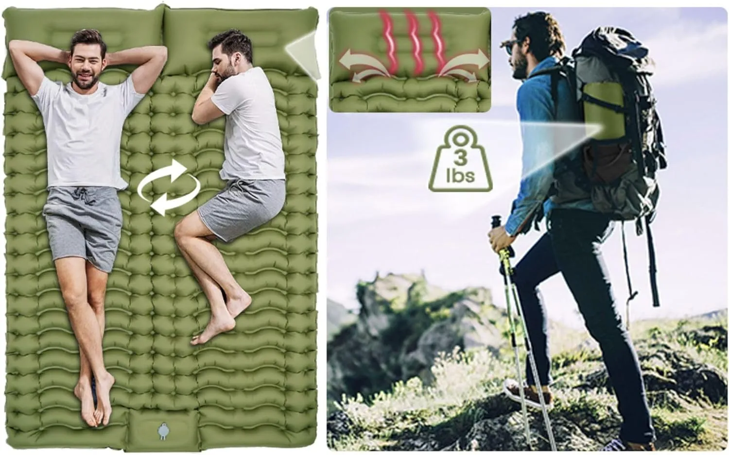 self Inflating Double Camping mat ，Ultralight Sleeping Mat for Camping，Lightweight, Inflatable & Compact Camping Air Mattress