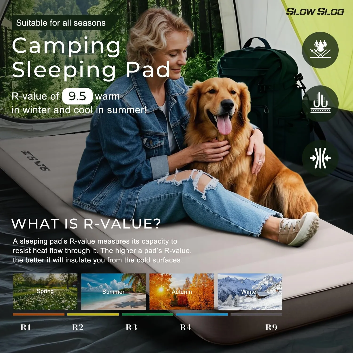 Self-Inflating Sleeping Mats for Camping 4in Ultra-Thick Foam Sleeping Pad Inflatable Camping Mattress with Pump Sack, Portable Camping Pad for 4-Season, Cream