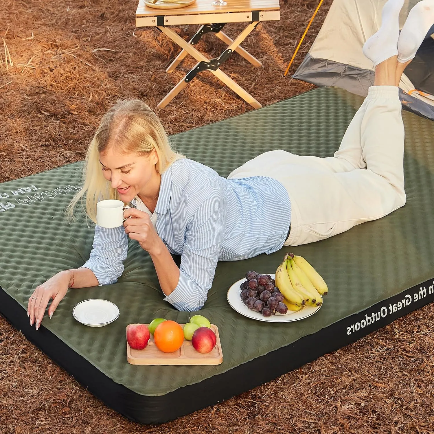 Self Inflating Sleeping Pad, 4in Ultra-Thick Foam Camping Car Mattress with Air Pump Sack, Sleeping Mat for Adults Inflatable Camping Pad Mattress, Single Cot Bed, Travel, Car, Tent, Home, Army Green