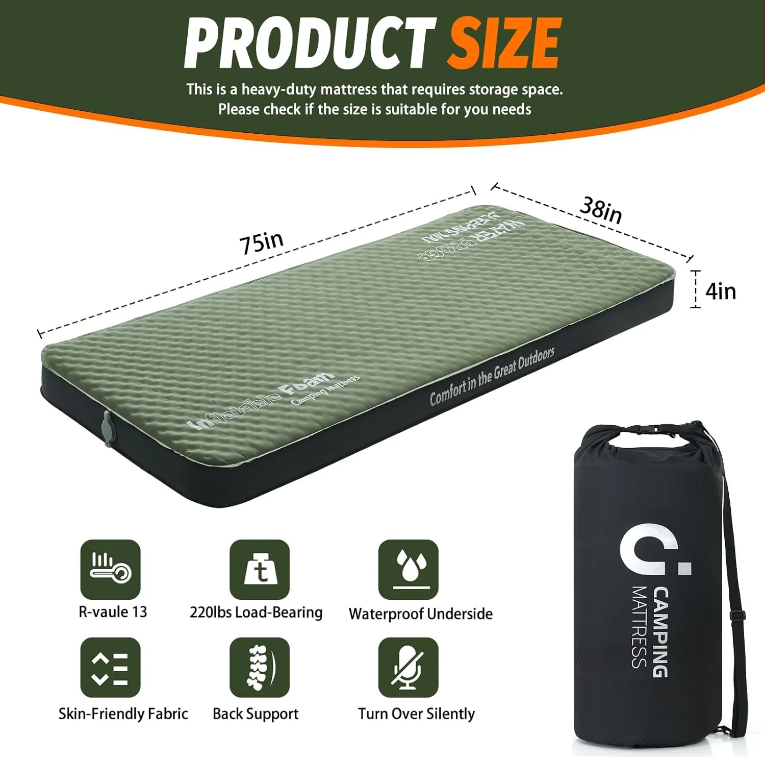 Self Inflating Sleeping Pad, 4in Ultra-Thick Foam Camping Car Mattress with Air Pump Sack, Sleeping Mat for Adults Inflatable Camping Pad Mattress, Single Cot Bed, Travel, Car, Tent, Home, Army Green