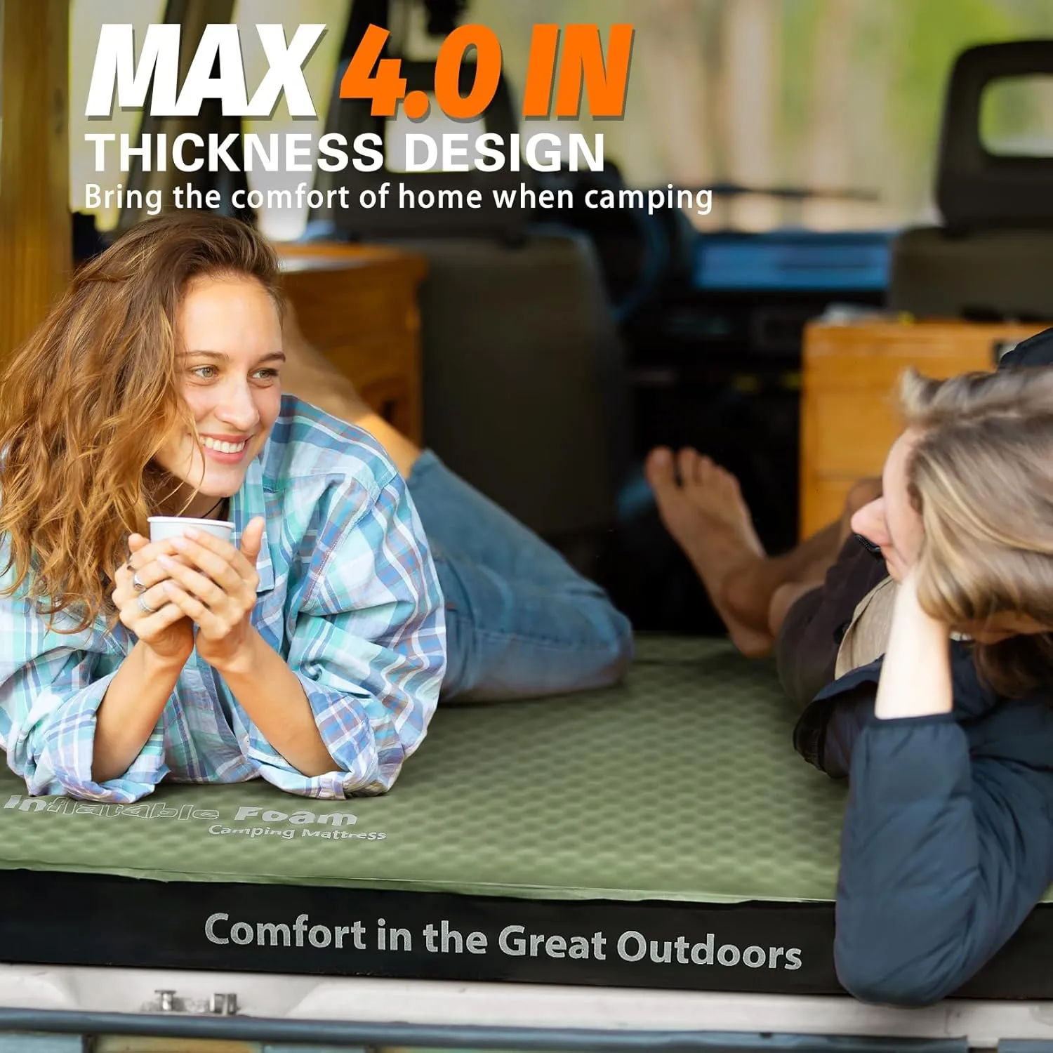 Self Inflating Sleeping Pad, 4in Ultra-Thick Foam Camping Car Mattress with Air Pump Sack, Sleeping Mat for Adults Inflatable Camping Pad Mattress, Single Cot Bed, Travel, Car, Tent, Home, Army Green