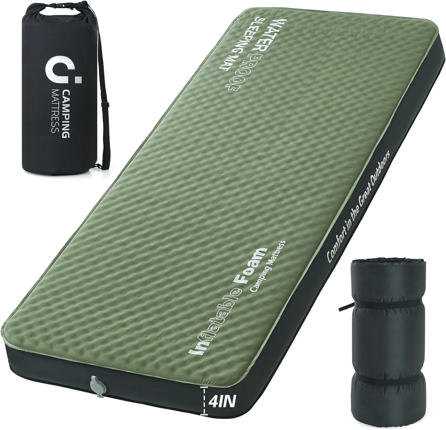 Self Inflating Sleeping Pad, 4in Ultra-Thick Foam Camping Car Mattress with Air Pump Sack, Sleeping Mat for Adults Inflatable Camping Pad Mattress, Single Cot Bed, Travel, Car, Tent, Home, Army Green