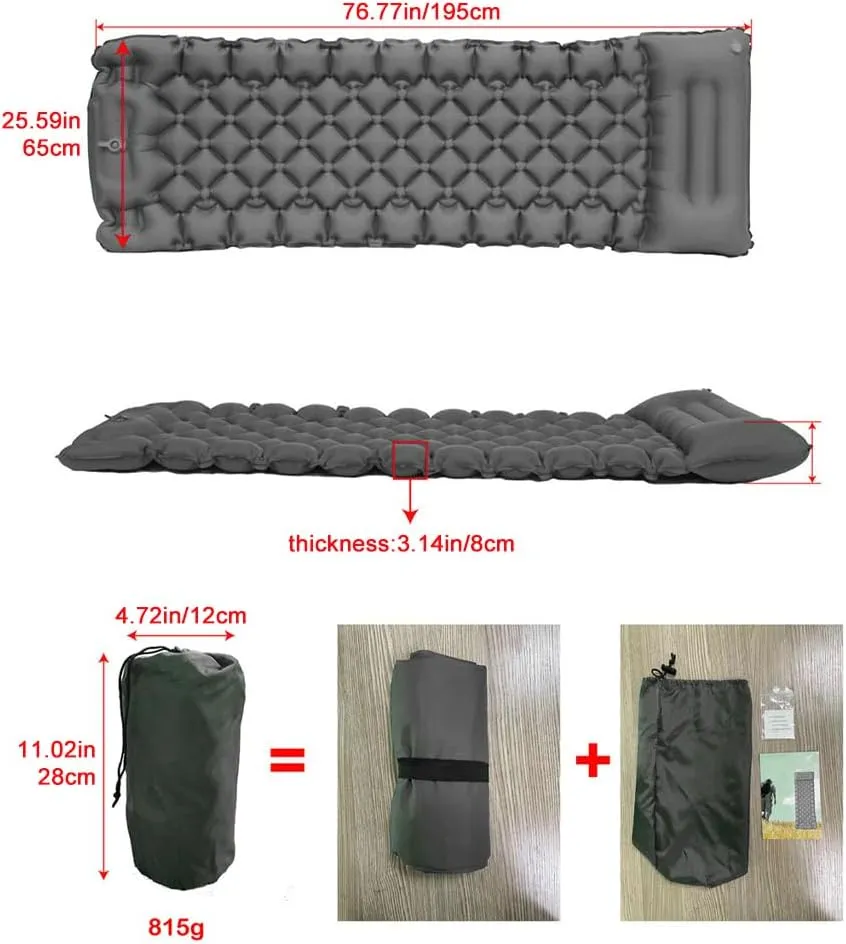 Self-Inflating Sleeping Pad for Camping, Camping Sleeping Pad with Built-in Pump, Extra Thickness Inflatable Sleeping Mat, Ultralight Compact Waterproof Air Mattress for Travel (Grey)