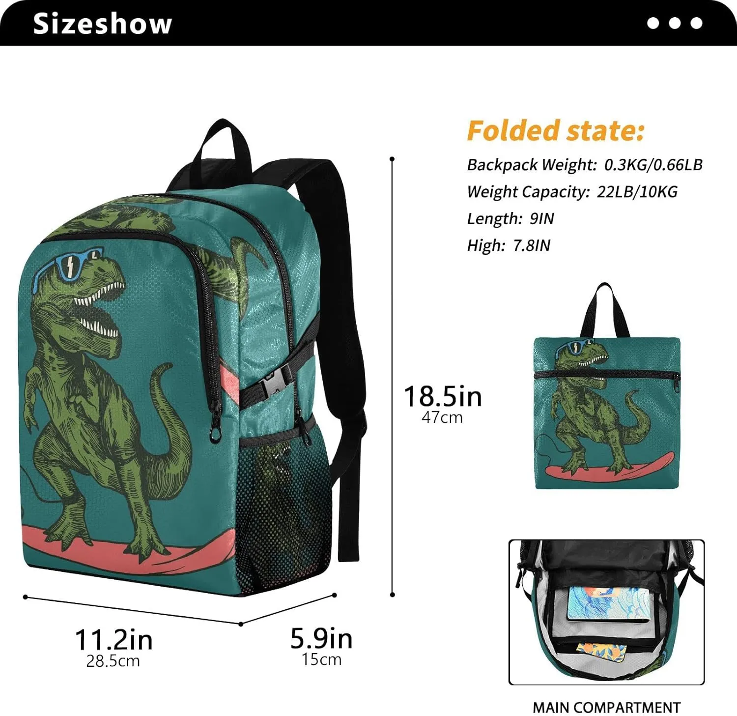 senya Lightweight Packable Backpack Travel Hiking Daypack Foldable Backpack Skateboard Dinosaur for Men Women