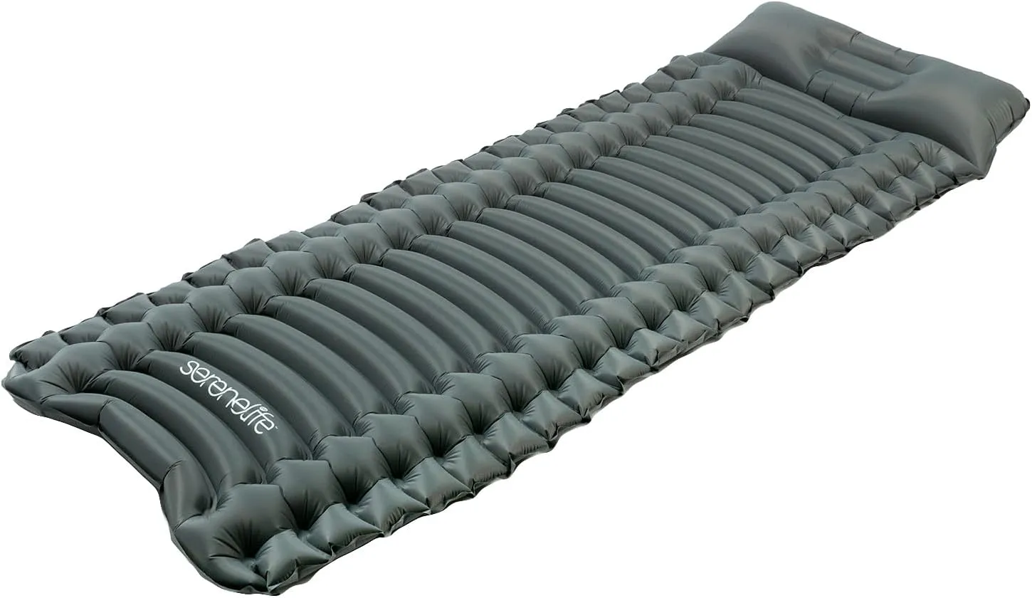 SereneLife Backpacking Air Mattress Sleeping Pad - Waterproof Lightweight Sleep Pad Inflatable Camping Sleeping Mat w/Carrying Bag - for Camping, Backpacking, Hiking, Grey