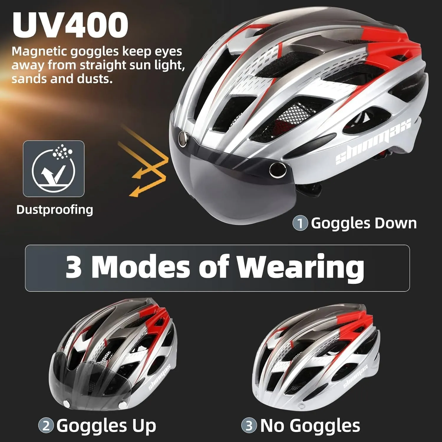 Shinmax Bike Helmet, CPSC/CPC Bike Helmet for Adult Men Women with Magnetic Goggles&Led Back Light Cycling Helmet Adjustable SM-T69