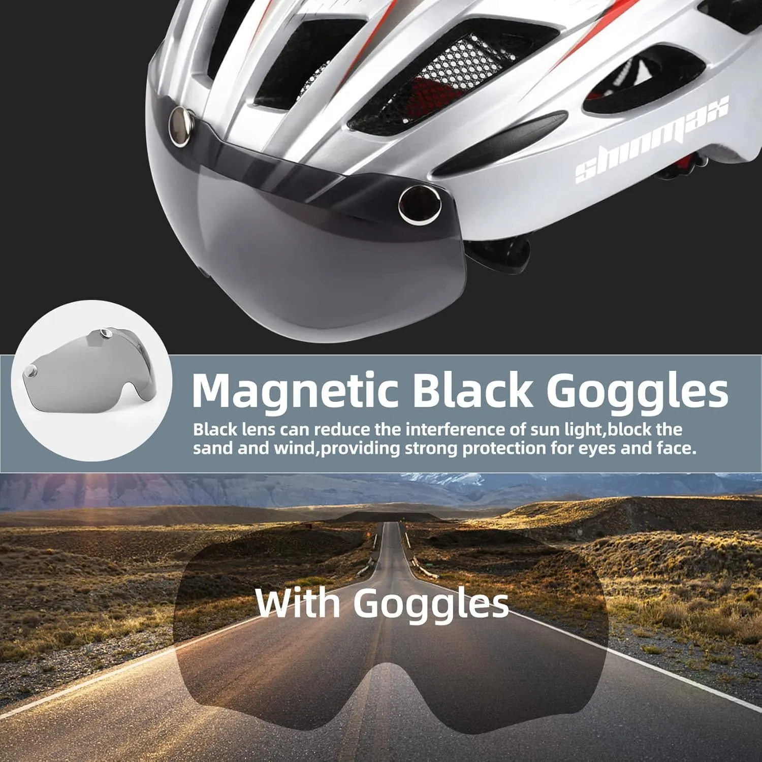 Shinmax Bike Helmet, CPSC/CPC Bike Helmet for Adult Men Women with Magnetic Goggles&Led Back Light Cycling Helmet Adjustable SM-T69