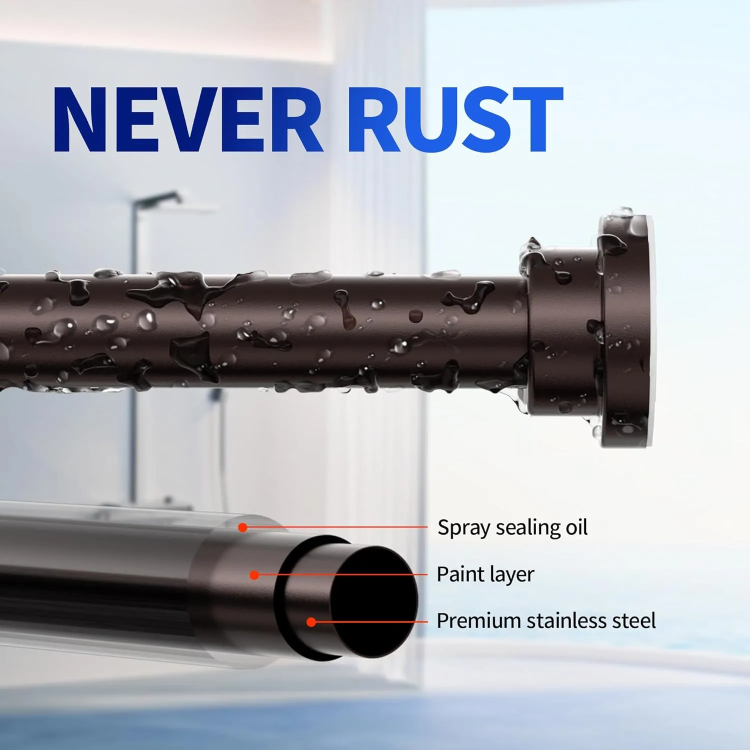 Shower Curtain Rod, 1" Diameter Heavy Duty Tension Shower Rod, Non Slip Adjustable 28-102 inch No Drilling Shower Curtain Rods Spring Tension For Bathroom, Shower Stall, No Rust, Bronze
