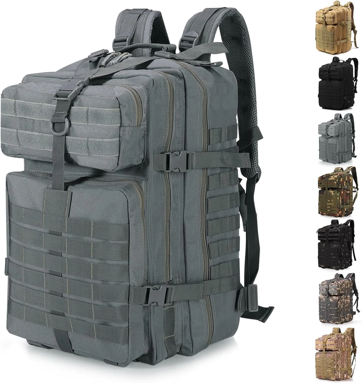ShowyLive 3P Tactical Backpack Military Rucksack - 45L Large Hiking Backpack Waterproof, Durable Camping Backpack for Men Women, Travel Outdoor Sports Bug Out Bag (Grey)