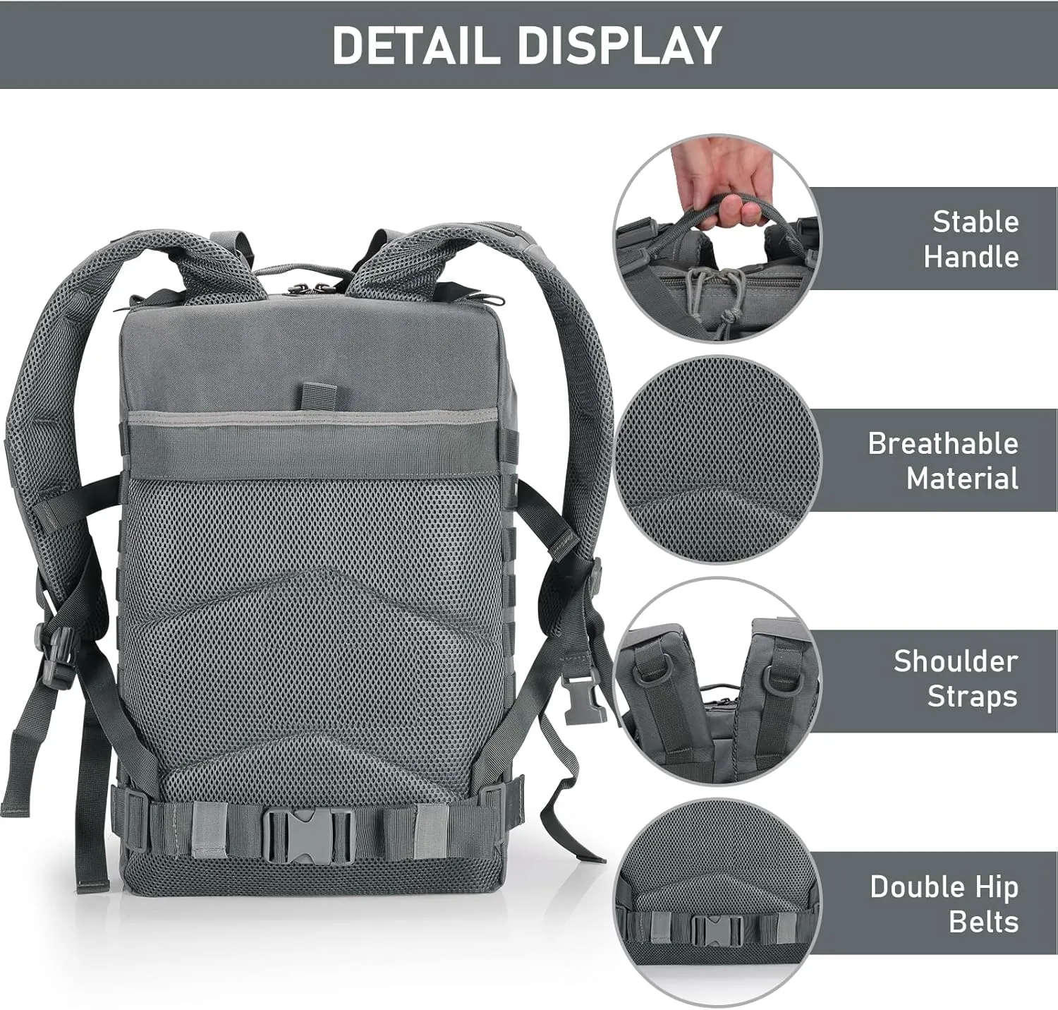 ShowyLive 3P Tactical Backpack Military Rucksack - 45L Large Hiking Backpack Waterproof, Durable Camping Backpack for Men Women, Travel Outdoor Sports Bug Out Bag (Grey)