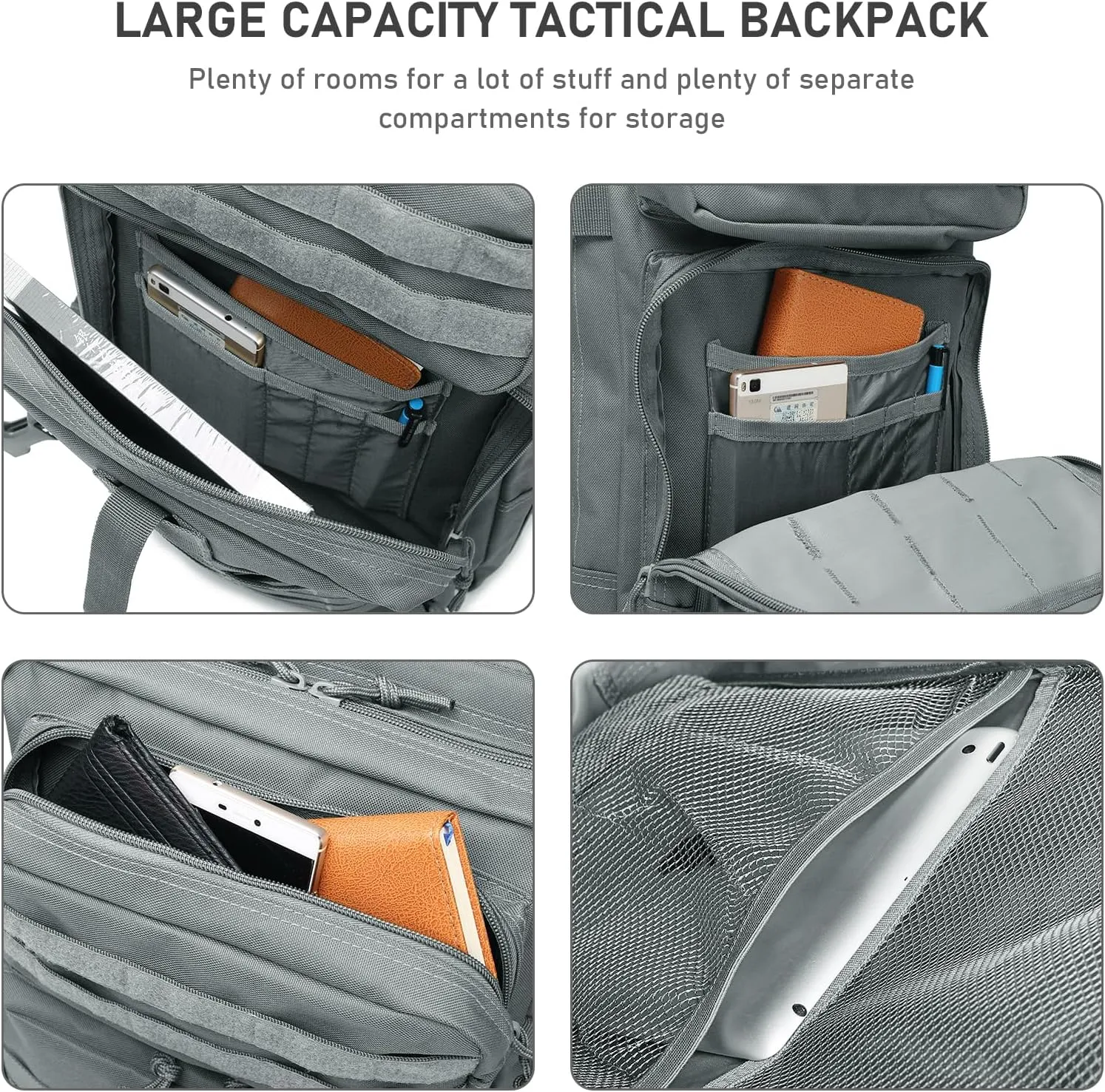 ShowyLive 3P Tactical Backpack Military Rucksack - 45L Large Hiking Backpack Waterproof, Durable Camping Backpack for Men Women, Travel Outdoor Sports Bug Out Bag (Grey)