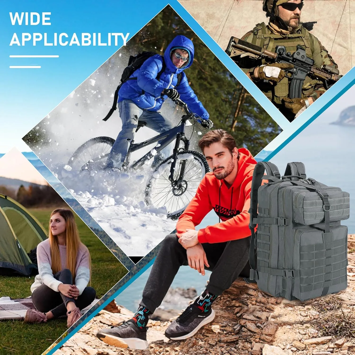 ShowyLive 3P Tactical Backpack Military Rucksack - 45L Large Hiking Backpack Waterproof, Durable Camping Backpack for Men Women, Travel Outdoor Sports Bug Out Bag (Grey)