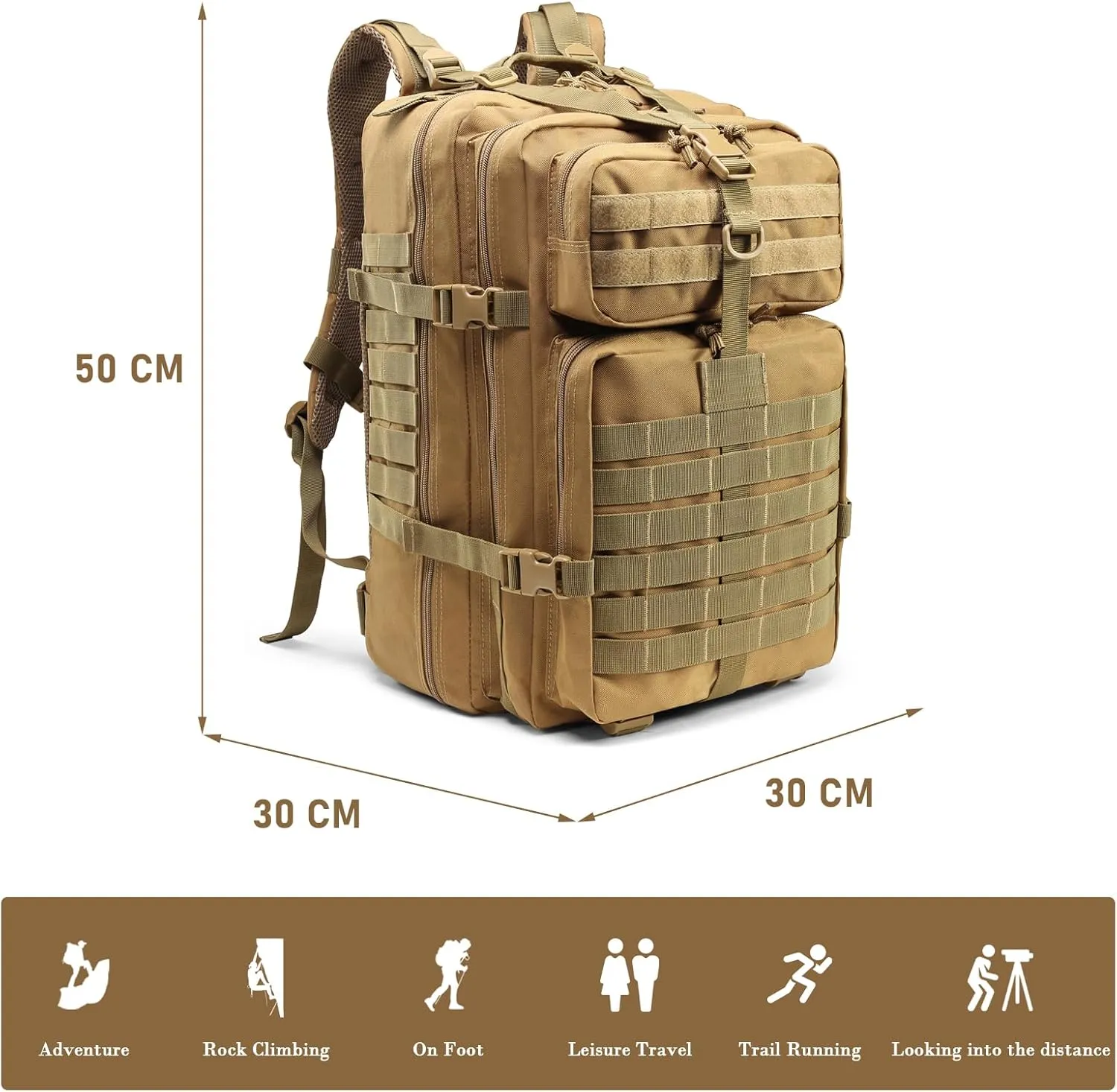 ShowyLive 3P Tactical Backpack Military Rucksack - 45L Large Hiking Backpack Waterproof, Durable Camping Backpack for Men Women, Travel Outdoor Sports Bug Out Bag (Khaki)