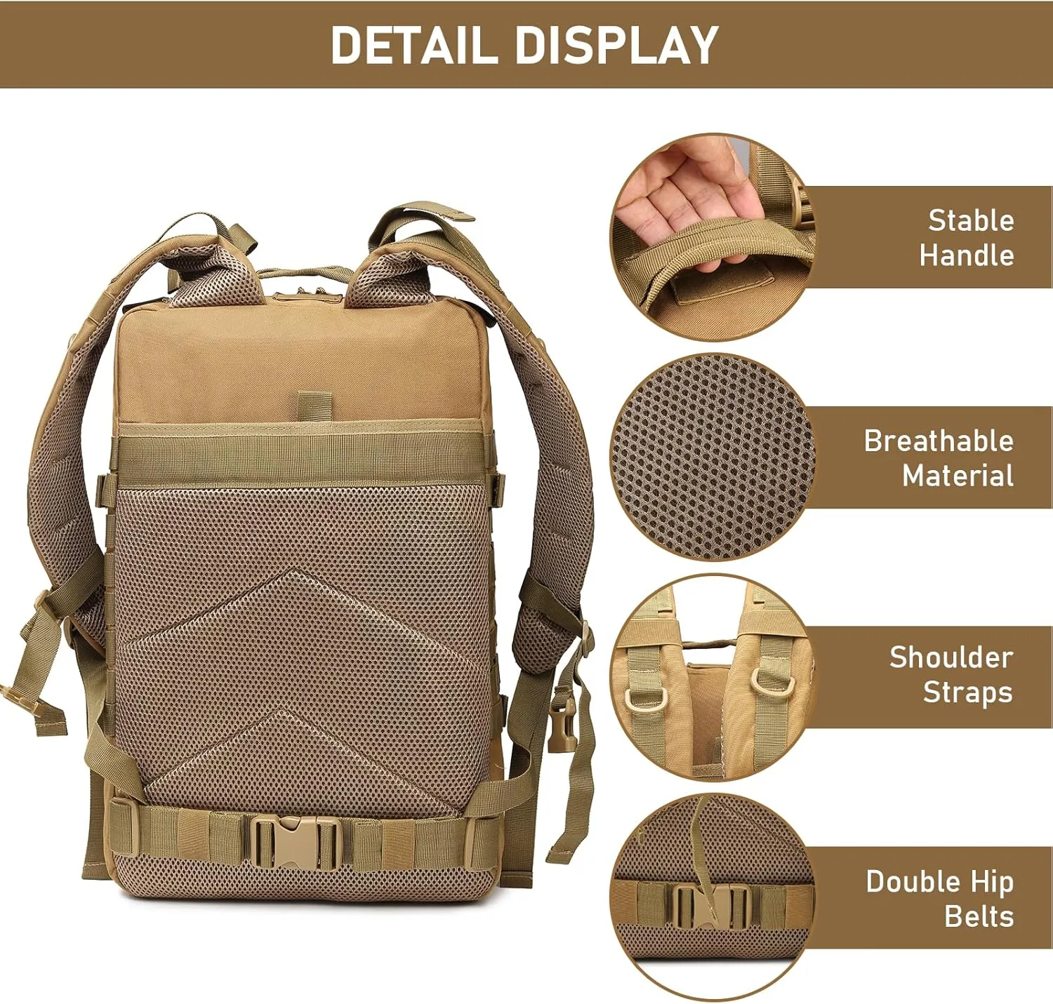 ShowyLive 3P Tactical Backpack Military Rucksack - 45L Large Hiking Backpack Waterproof, Durable Camping Backpack for Men Women, Travel Outdoor Sports Bug Out Bag (Khaki)