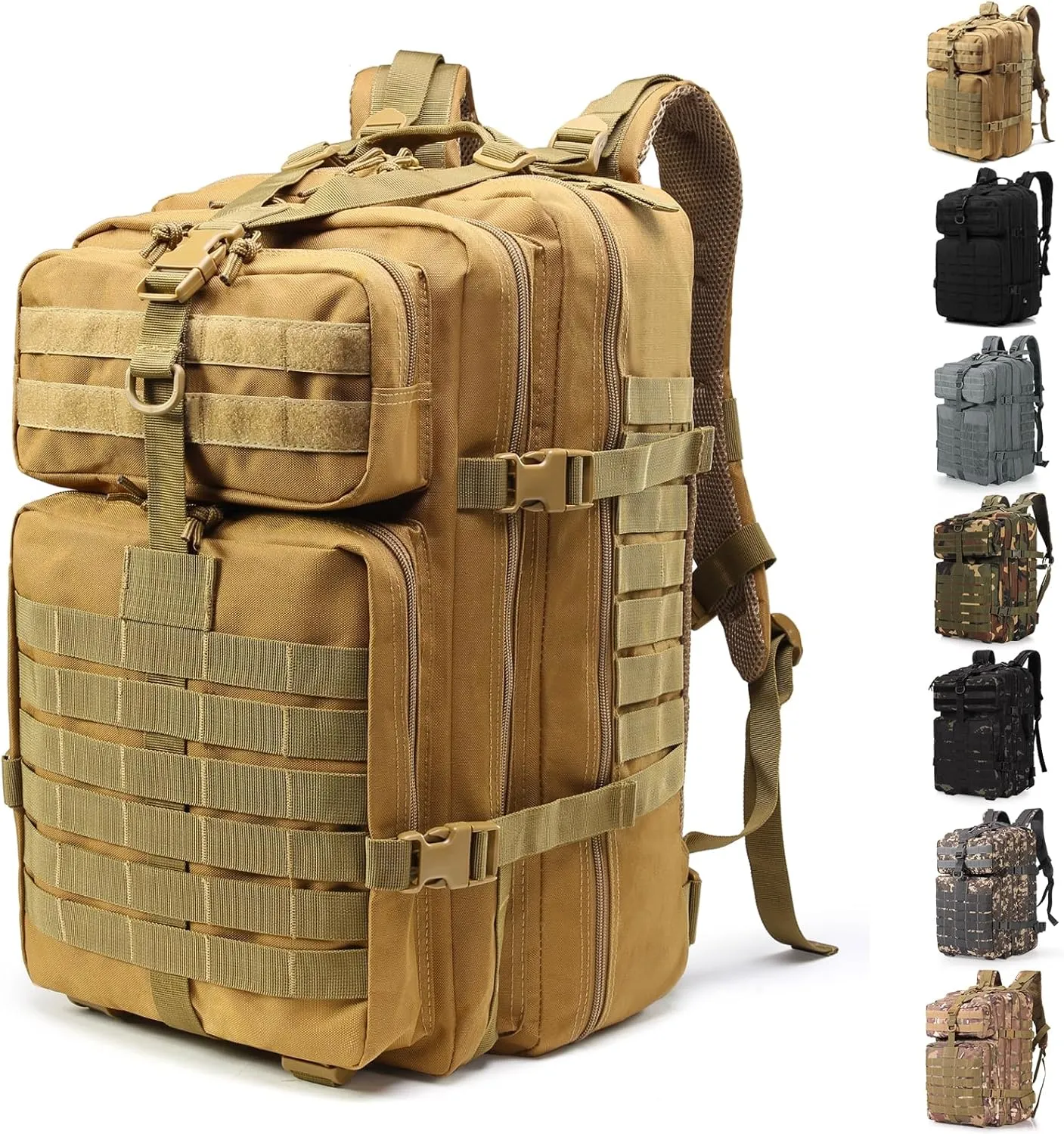 ShowyLive 3P Tactical Backpack Military Rucksack - 45L Large Hiking Backpack Waterproof, Durable Camping Backpack for Men Women, Travel Outdoor Sports Bug Out Bag (Khaki)