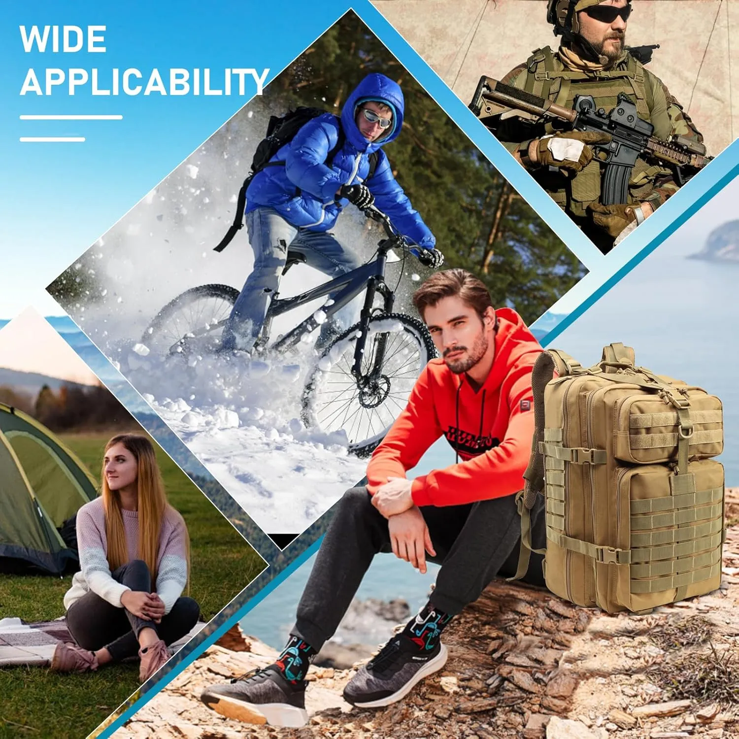 ShowyLive 3P Tactical Backpack Military Rucksack - 45L Large Hiking Backpack Waterproof, Durable Camping Backpack for Men Women, Travel Outdoor Sports Bug Out Bag (Khaki)