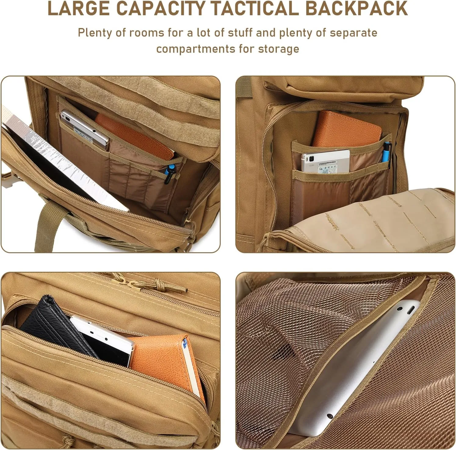 ShowyLive 3P Tactical Backpack Military Rucksack - 45L Large Hiking Backpack Waterproof, Durable Camping Backpack for Men Women, Travel Outdoor Sports Bug Out Bag (Khaki)