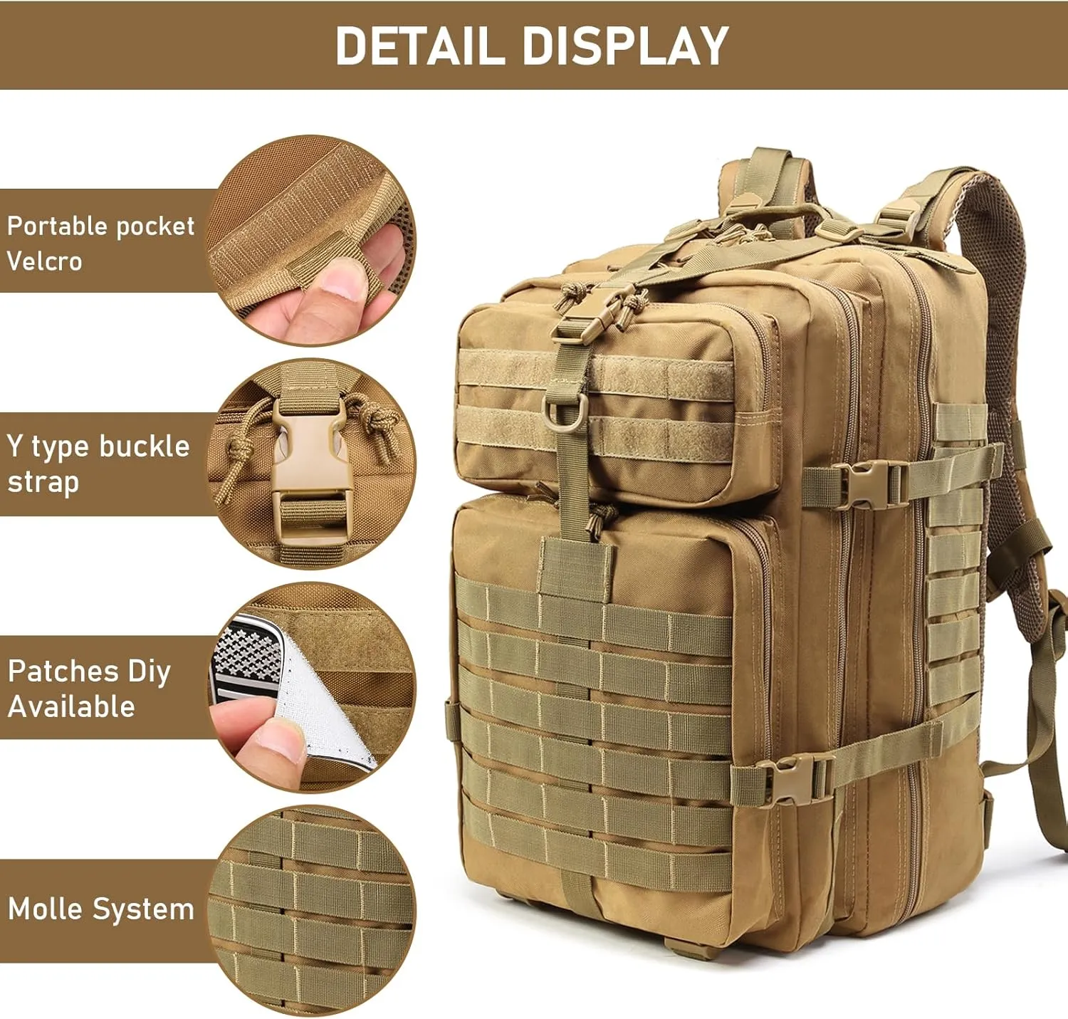 ShowyLive 3P Tactical Backpack Military Rucksack - 45L Large Hiking Backpack Waterproof, Durable Camping Backpack for Men Women, Travel Outdoor Sports Bug Out Bag (Khaki)