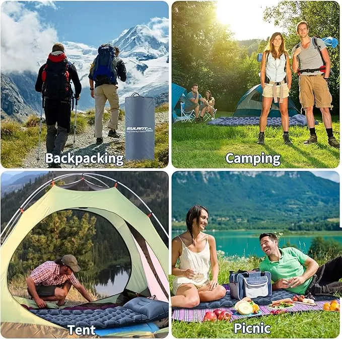 Single Sleeping Pad for Camping, Ultralight Inflatable Sleeping Mat with Pillow and Built-in Foot Pump, Portable Camping Mattress for Tent, Backpacking, Hiking, Traveling（Blue）