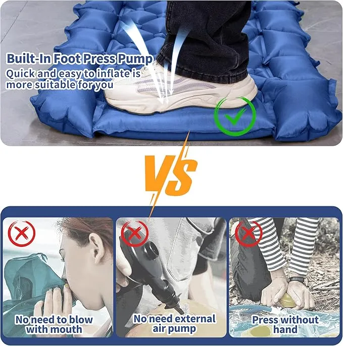 Single Sleeping Pad for Camping, Ultralight Inflatable Sleeping Mat with Pillow and Built-in Foot Pump, Portable Camping Mattress for Tent, Backpacking, Hiking, Traveling（Blue）
