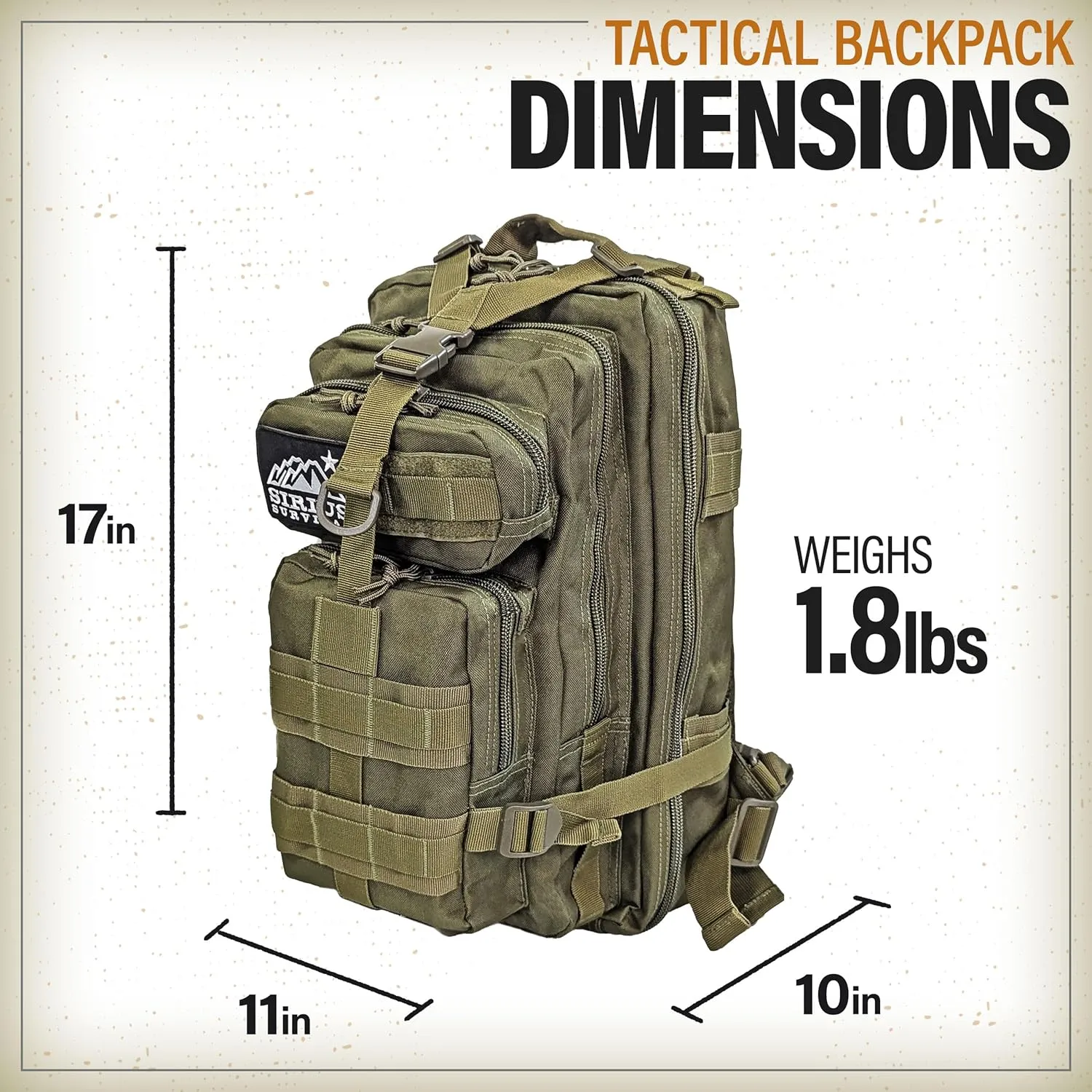 Sirius Tactical Backpack - 30L Capacity - Heavy Duty 900D Polyester - Hunting, Hiking or Camping Backpack – Military Backpack (Tan)