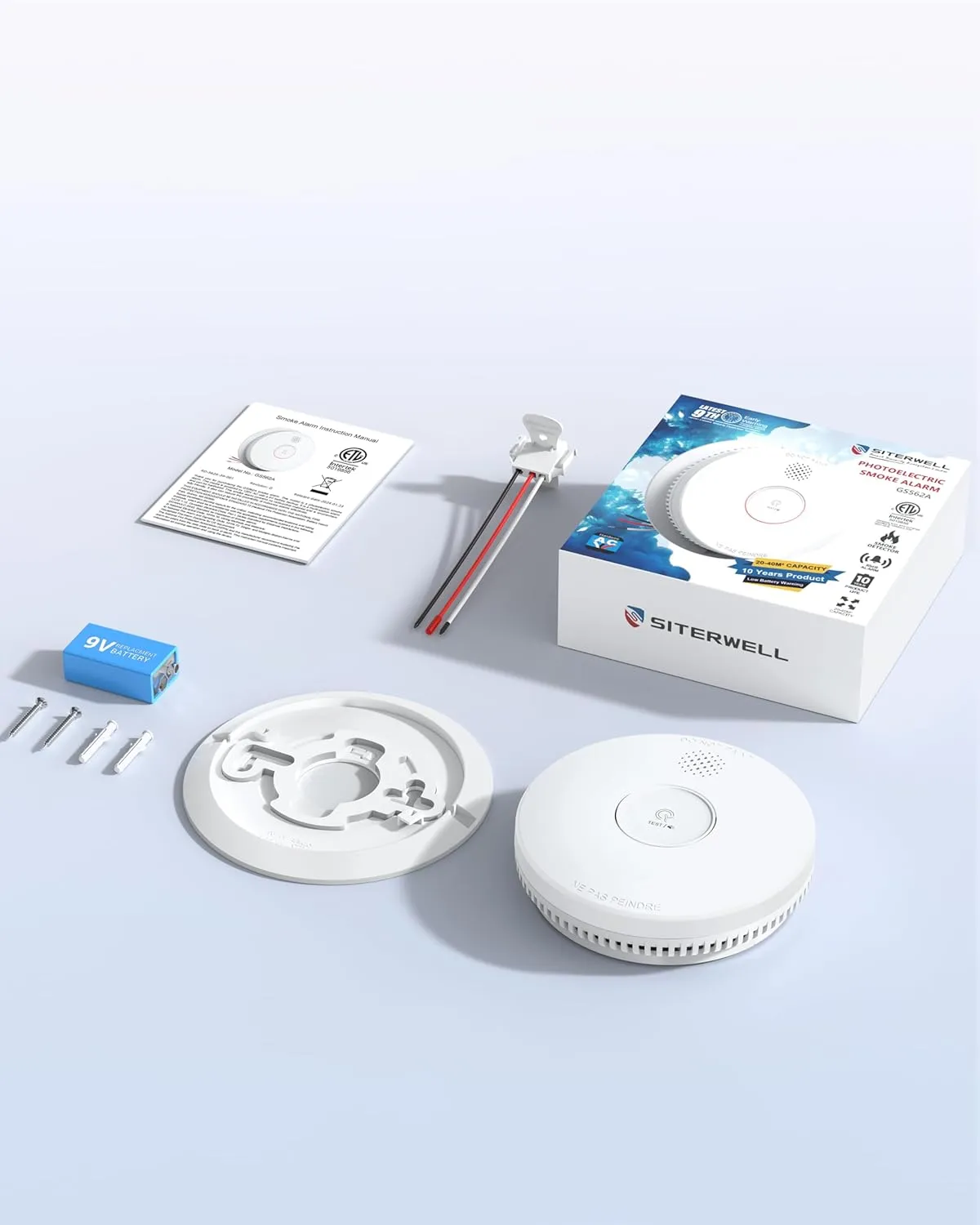 SITERWELL Smoke Detector, Hardwired Interconnected Smoke Detector, Photoelectric Smoke Alarm with 9V Backup Battery, Fire Alarm with Test/Silence Button, ETL-9th Listed, GS562A, 2 Packs