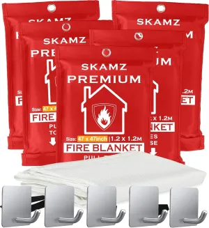 SKAMZ Emergency Fire Blankets for Home, XL Size - 47" x 47" - 5 Pack W/Hooks - Kitchen Fire Blanket, High Heat Resistant Flame Retardant Fabric for Home Safety, Kitchen, Camping and Outdoor use.