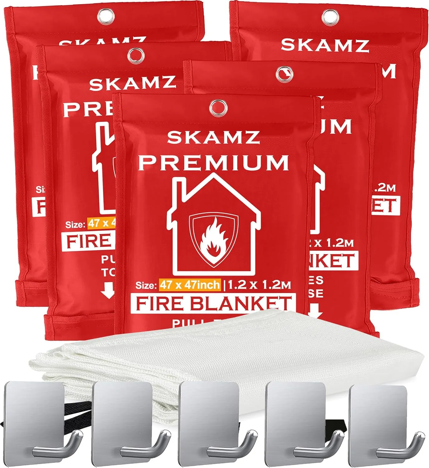 SKAMZ Emergency Fire Blankets for Home, XL Size - 47" x 47" - 5 Pack W/Hooks - Kitchen Fire Blanket, High Heat Resistant Flame Retardant Fabric for Home Safety, Kitchen, Camping and Outdoor use.