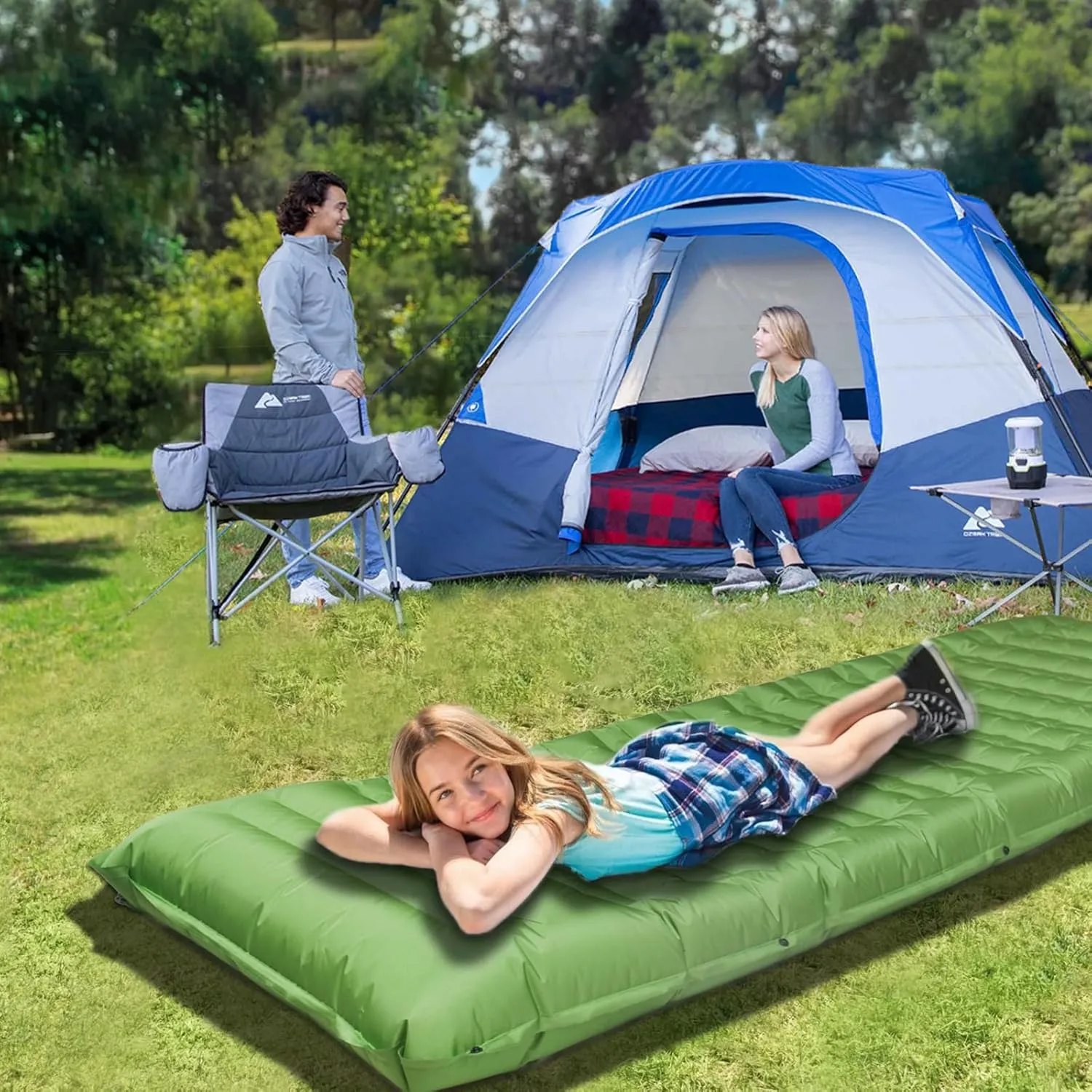 Sleeping Pad Airbed Air Mattress Camping Inflatable Sleeping Pad Ultralight 5 inch thick self-inflating camping mat Built-in foot pump Camping Hiking Tent Lightweight Sleeping Pad (pine green)