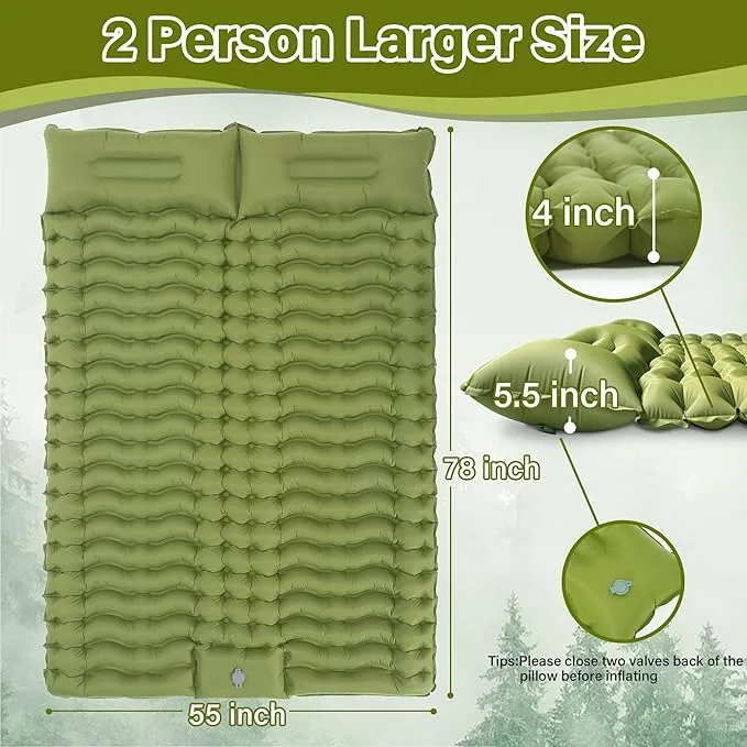 Sleeping Pad for Camping 2 Person, Backpacking Self Inflating Sleeping Pad Double 2 People Ultra Lightweight, Air Inflatable Foldable Camp Hiking Sleep Mat for Outdoor Tent 4 inch Thick, 78 x 55 inch
