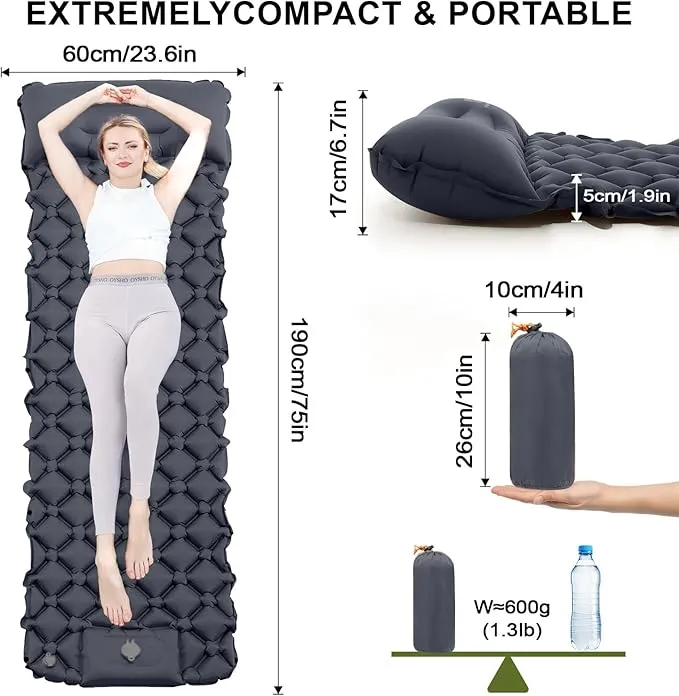 Sleeping Pad for Camping-Ultralight Inflatable Sleeping Pad,Built-in Pumb,Sleeping Mat with Pillow,Camping Mattress for Backpacking,Hiking,Airpad,Carry Bag,Compact&Lightweight Air Mattress
