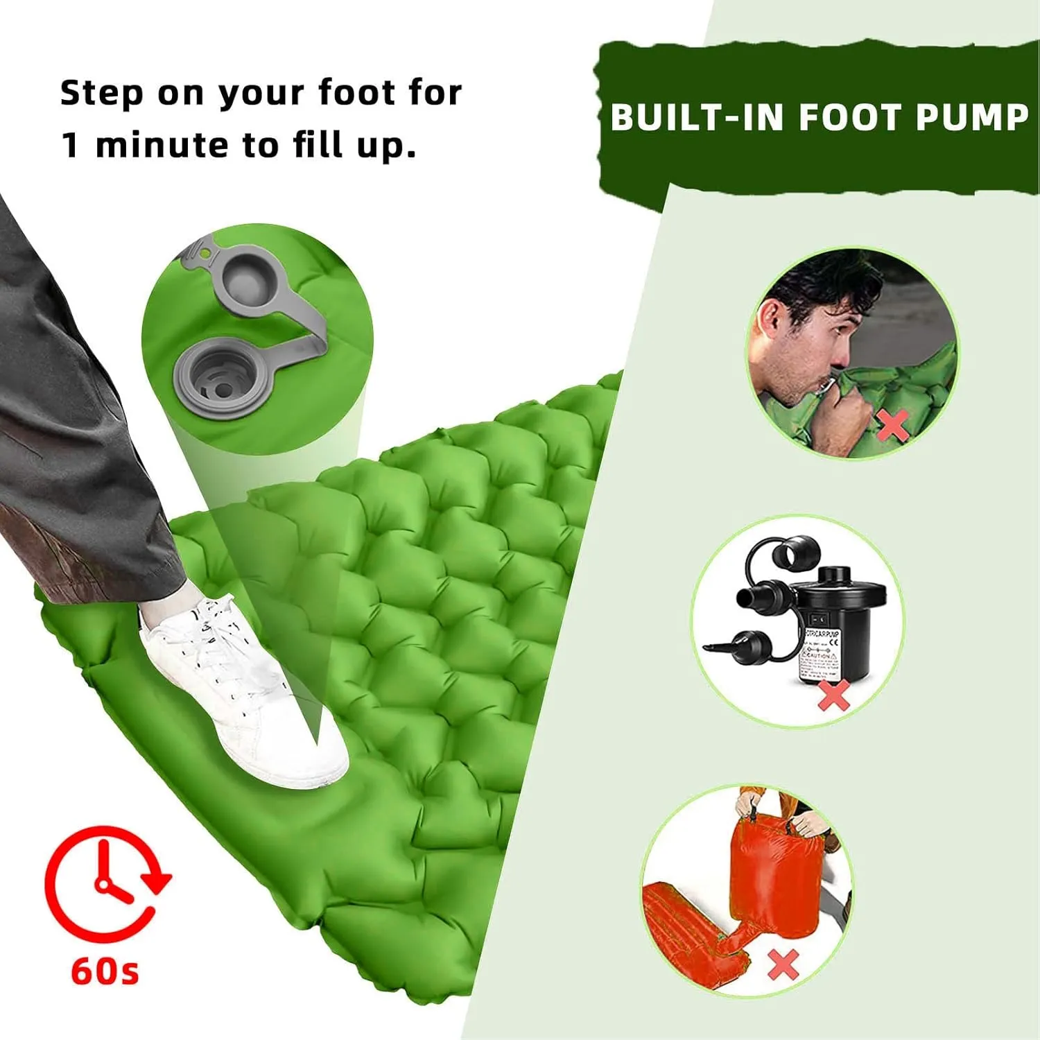 Sleeping Pad,Camping Sleeping Pad,Foot Pump Inflatable Sleeping Pad with Storage Bag Ergonomic Design Camping Air Mattress for Office Outdoor Camping(Green)