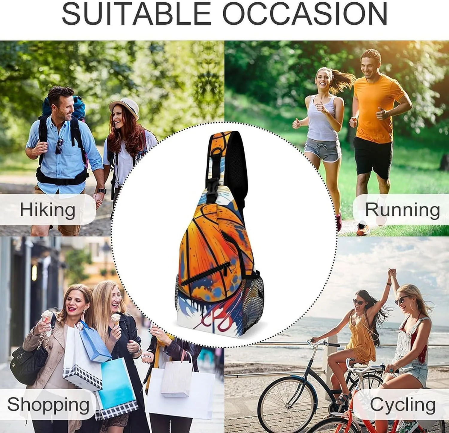 Sling Shoulder Backpack for Women Men Multipurpose Anti-Theft Casual Carrying Tote Case Crossbody Travel Bag Tactical Satchel, Basketball Painting Rucksack