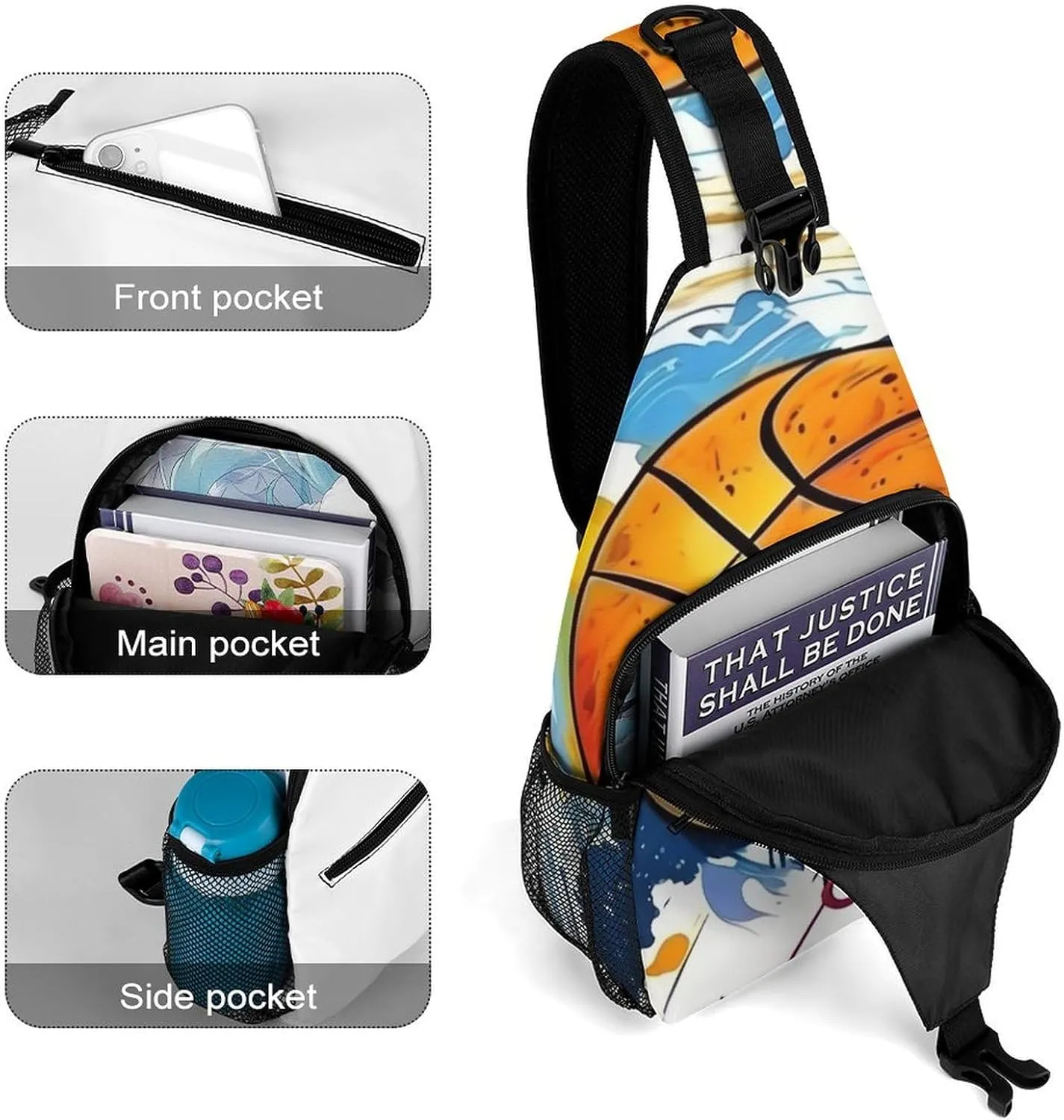Sling Shoulder Backpack for Women Men Multipurpose Anti-Theft Casual Carrying Tote Case Crossbody Travel Bag Tactical Satchel, Basketball Painting Rucksack