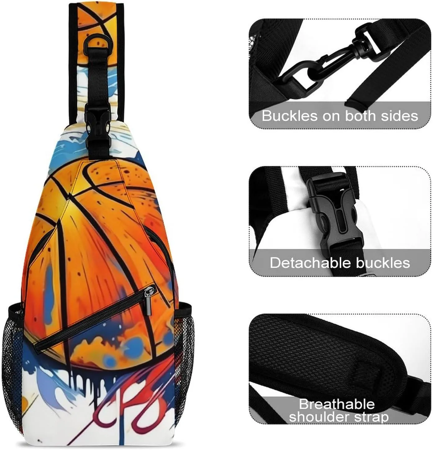 Sling Shoulder Backpack for Women Men Multipurpose Anti-Theft Casual Carrying Tote Case Crossbody Travel Bag Tactical Satchel, Basketball Painting Rucksack