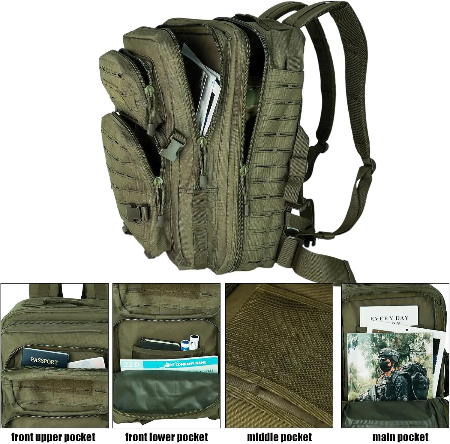Small 40L Military Backpack Tactical Backpack Assault Pack Bug Out Bag with Molle for Hiking Rucksack Trekking (Green)
