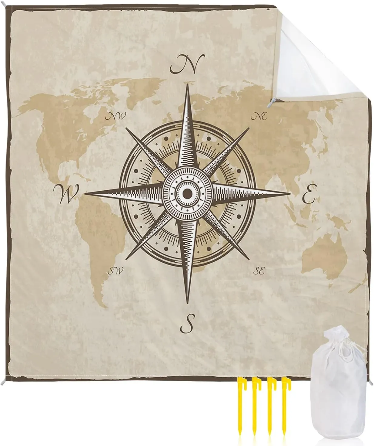 Smile Sunflower Beach Blanket, Compass Sail Rustic Beach Mat 108"x84" Large Picnic Blanket,Sandproof Waterproof Outdoor Beach Blankets for Travel Camping Hiking Beach Vacation