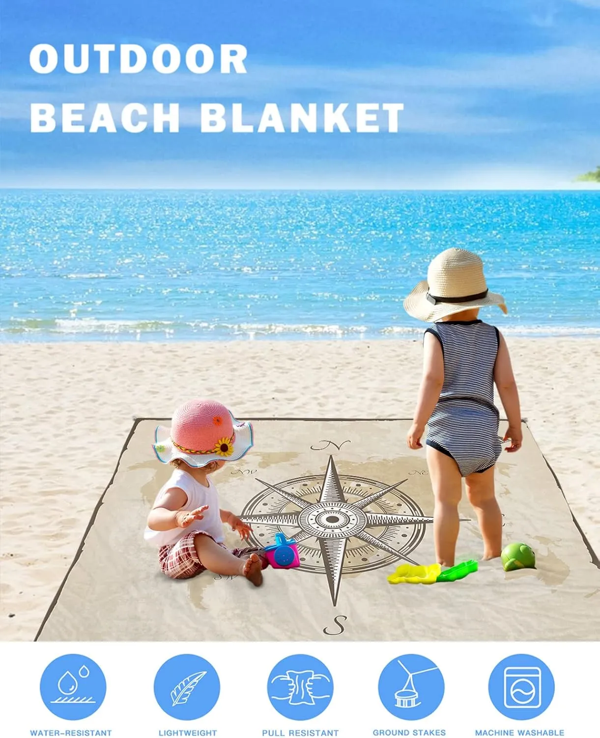 Smile Sunflower Beach Blanket, Compass Sail Rustic Beach Mat 108"x84" Large Picnic Blanket,Sandproof Waterproof Outdoor Beach Blankets for Travel Camping Hiking Beach Vacation