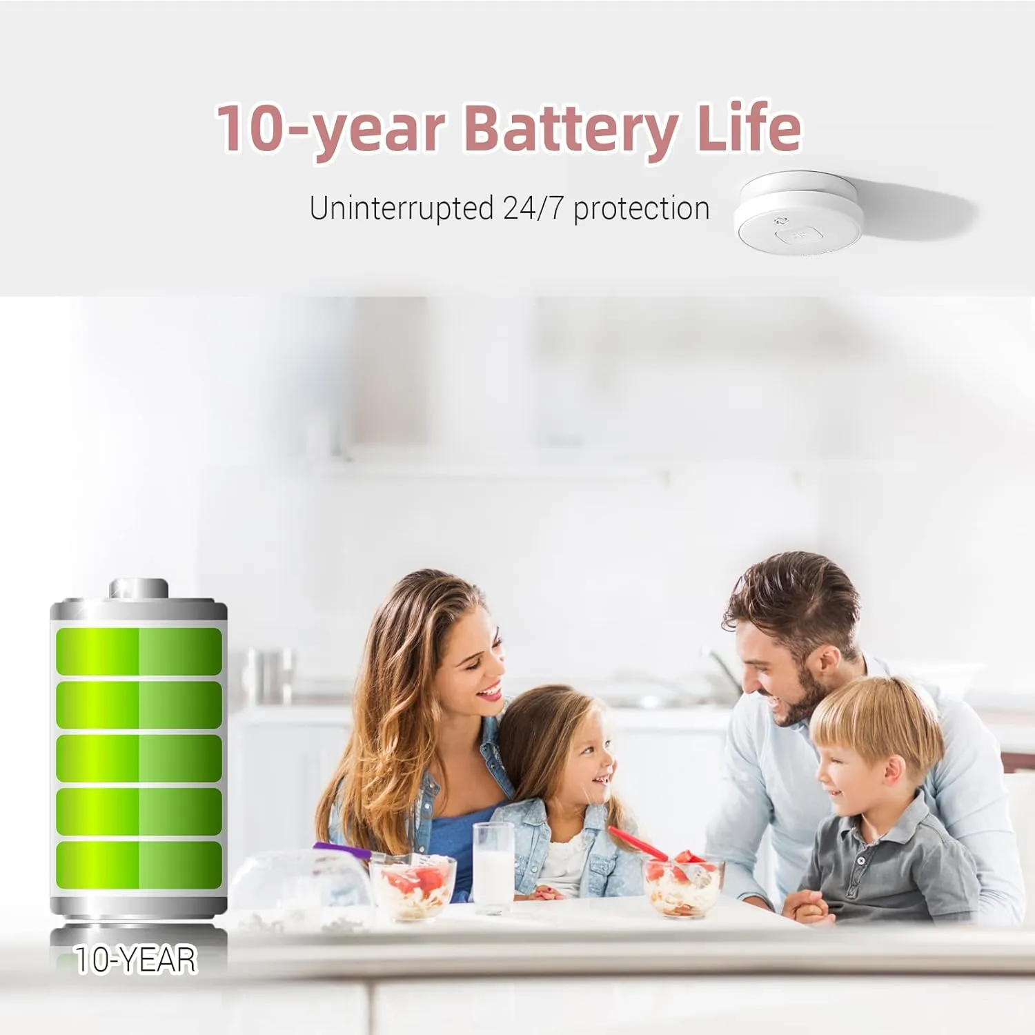 Smoke Detector, 10-Year Smoke Alarm with Photoelectric Sensor and Built-in 3V Lithum Battery, Fire Alarm with Test Button and Low Battery Warning, Fire Safety for Home, 4 Pack