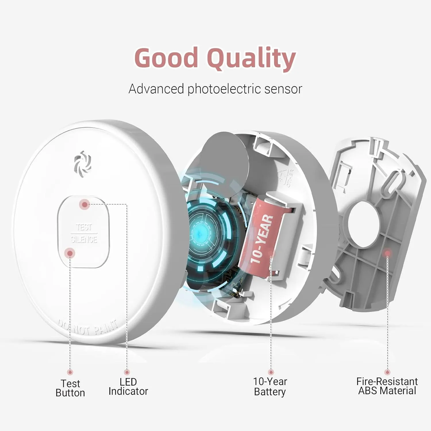 Smoke Detector, 10-Year Smoke Alarm with Photoelectric Sensor and Built-in 3V Lithum Battery, Fire Alarm with Test Button and Low Battery Warning, Fire Safety for Home, 4 Pack