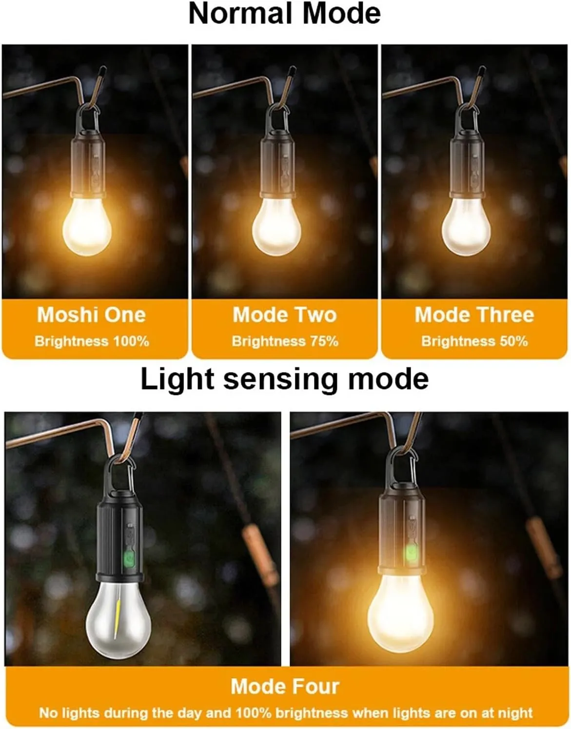 Solar Rechargeable Hooked Camping Light, Solar Lightbulbs for Outside with 3 Modes, Portable Camp Bulbs Waterproof LED Tent Lights for Hiking, Fishing, USB & Solar Powered(4PC,A)