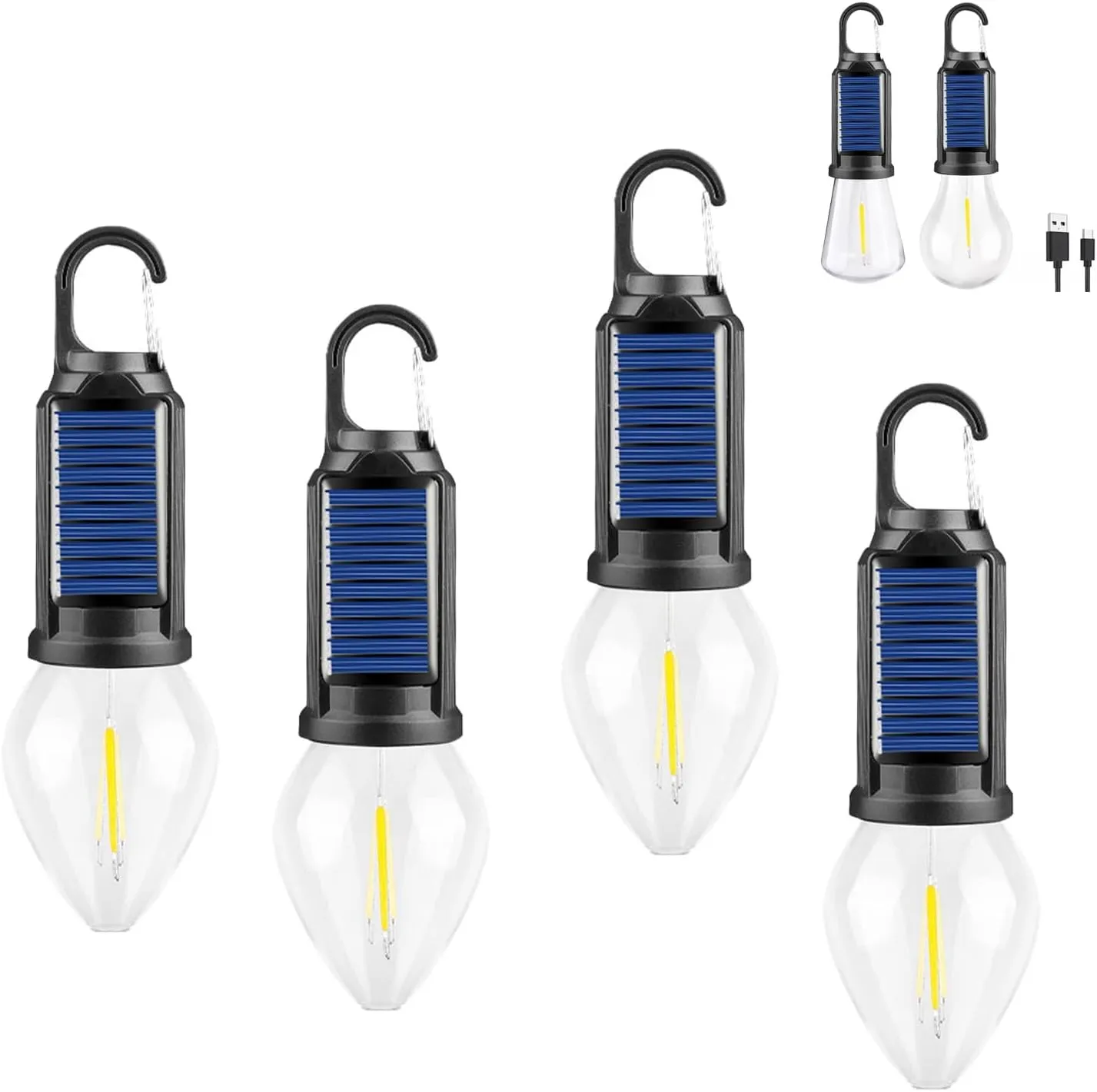 Solar Rechargeable Hooked Camping Light, Solar Lightbulbs for Outside with 3 Modes, Portable Camp Bulbs Waterproof LED Tent Lights for Hiking, Fishing, USB & Solar Powered(4PC,A)