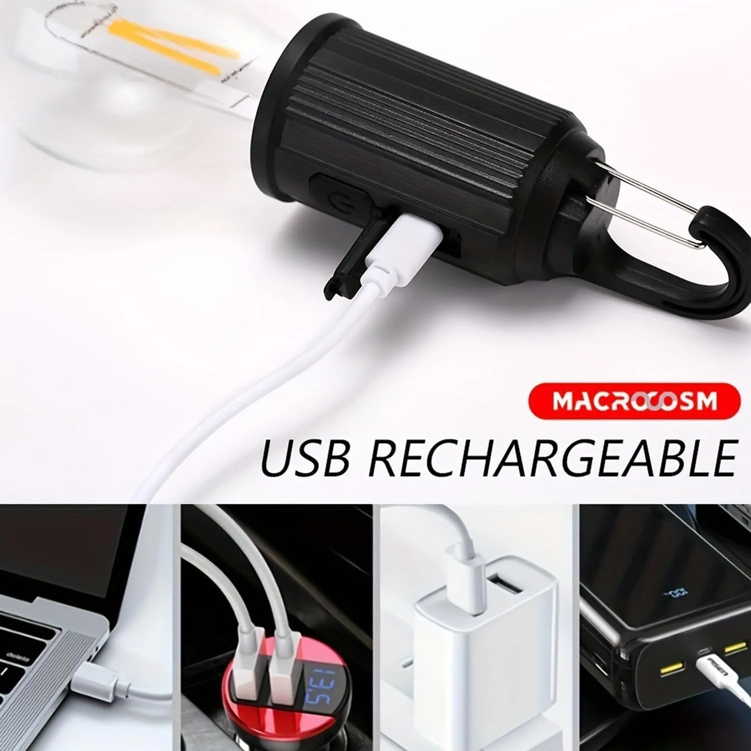 Solar Rechargeable Hooked Camping Light, Solar Lightbulbs for Outside with 3 Modes, Portable Camp Bulbs Waterproof LED Tent Lights for Hiking, Fishing, USB & Solar Powered(4PC,A)