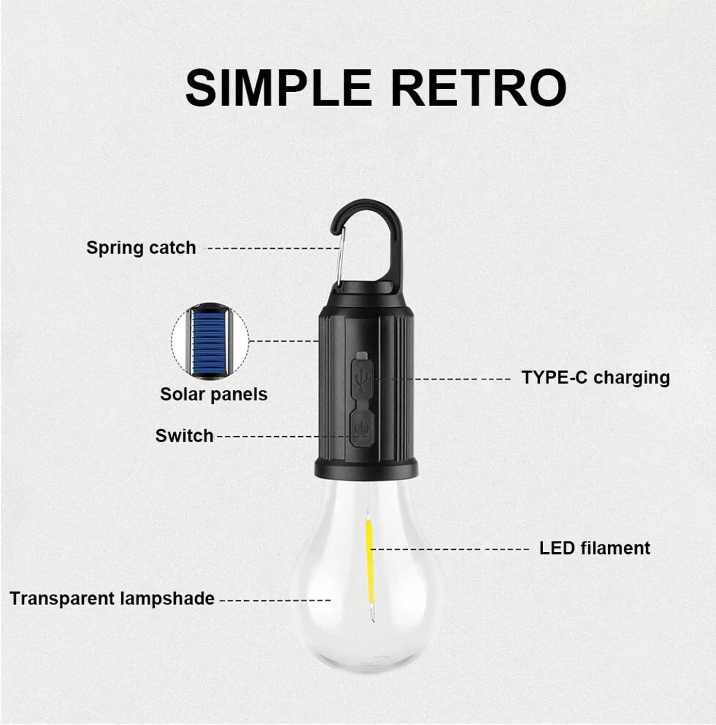 Solar Rechargeable Hooked Camping Light, Solar Lightbulbs for Outside with 3 Modes, Portable Camp Bulbs Waterproof LED Tent Lights for Hiking, Fishing, USB & Solar Powered(4PC,A)