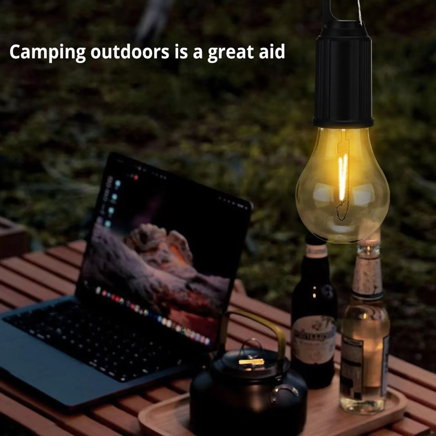 Solar Rechargeable Hooked Camping Light, Solar Lightbulbs for Outside with 3 Modes, Portable Camp Bulbs Waterproof LED Tent Lights for Hiking, Fishing, USB & Solar Powered(4PC,A)