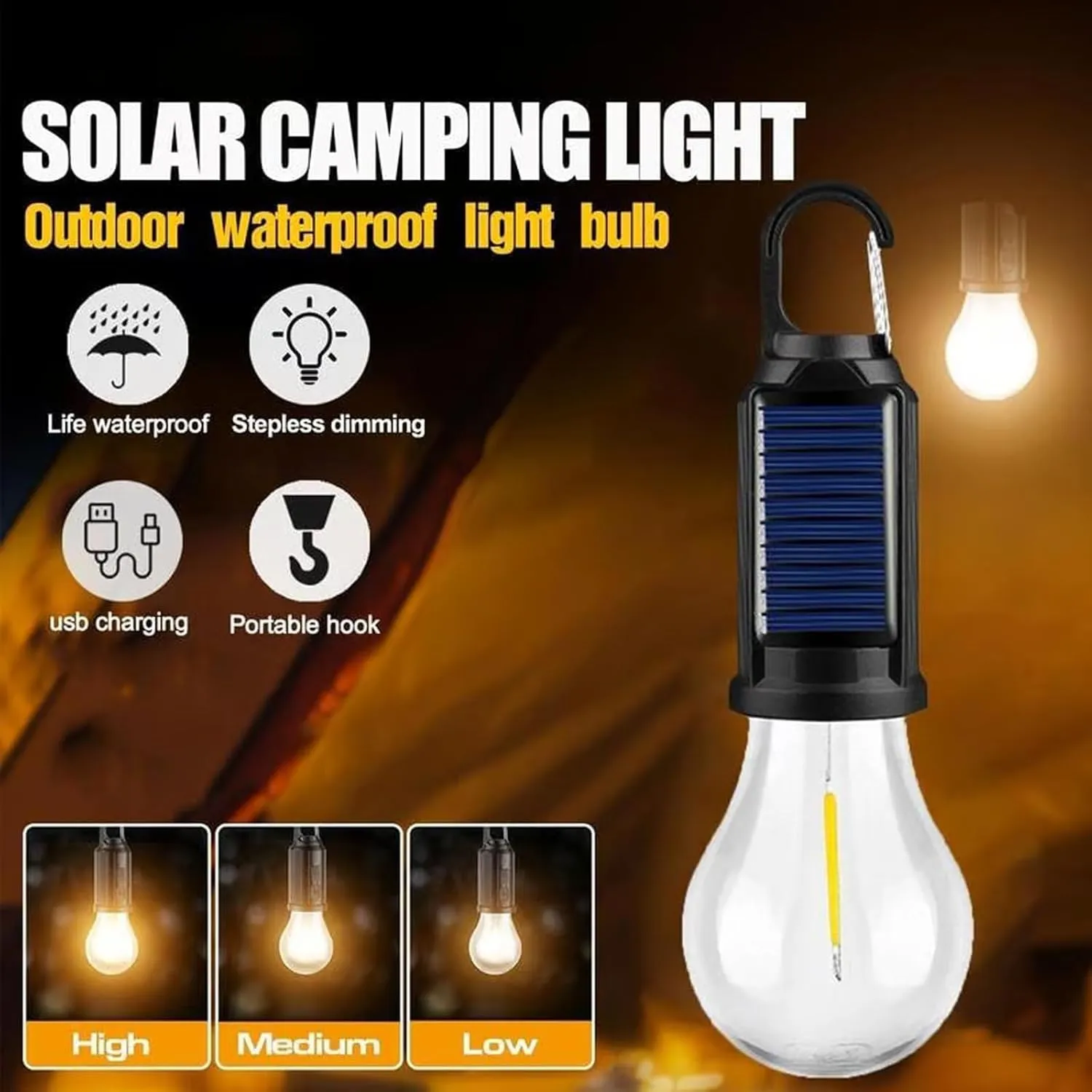 Solar Rechargeable Hooked Camping Light, Solar Tent Lights USB Rechargeable LED Camping Lantern, Outdoor Hanging Light Bulbs, Portable Outdoor Waterproof Emergency Light Bulb (Flat,4 PCS)