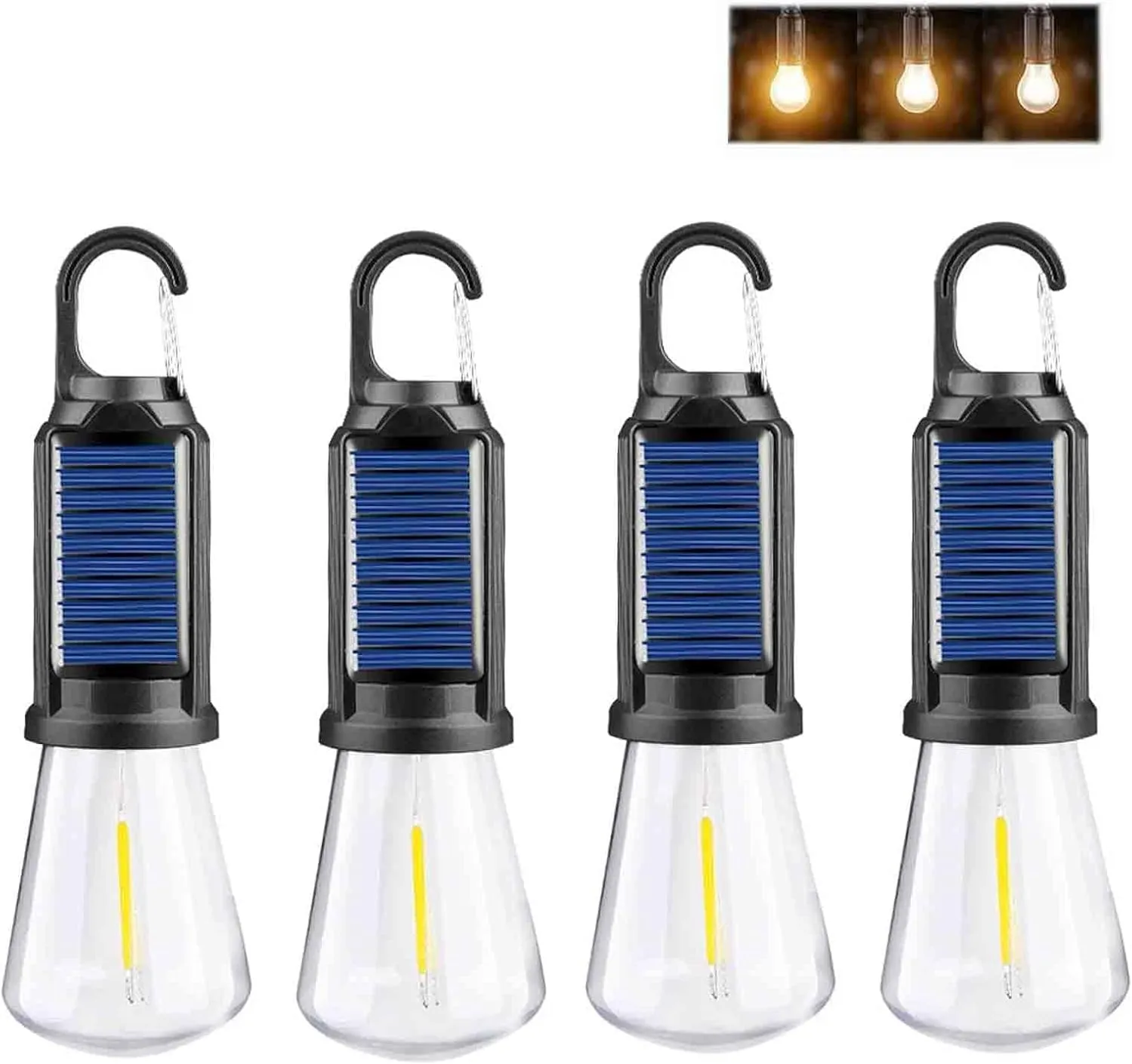 Solar Rechargeable Hooked Camping Light, Solar Tent Lights USB Rechargeable LED Camping Lantern, Outdoor Hanging Light Bulbs, Portable Outdoor Waterproof Emergency Light Bulb (Flat,4 PCS)