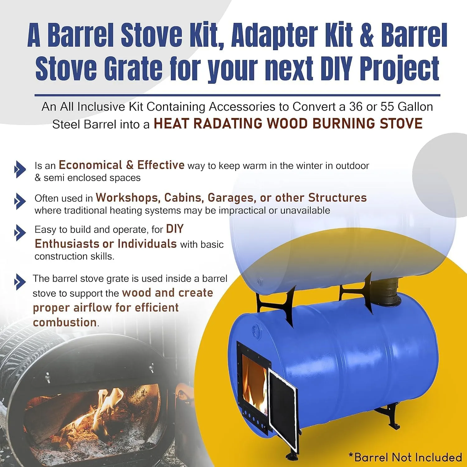 Sonret- Barrel stoves Kit with Double Barrel Wood Stove Kit – Perfect for 55 Gallon Drum - Fire Wood Camp Stove kit for Heating & Cooking