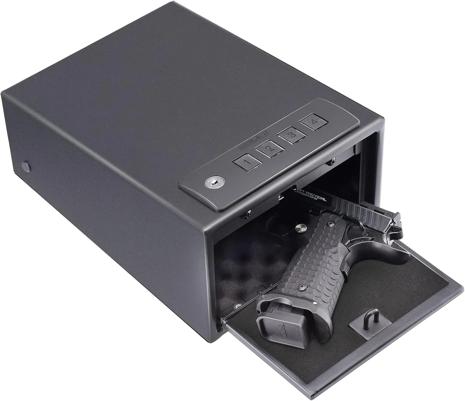SOULYI Digital Gun Safe For Pistols With Two Quick Access,Handgun Safe With Pop Up Door,Safety Device With Keypad Storing Firearms Ammunition Money Valuables For Home Cabinet Car Under Bed Use