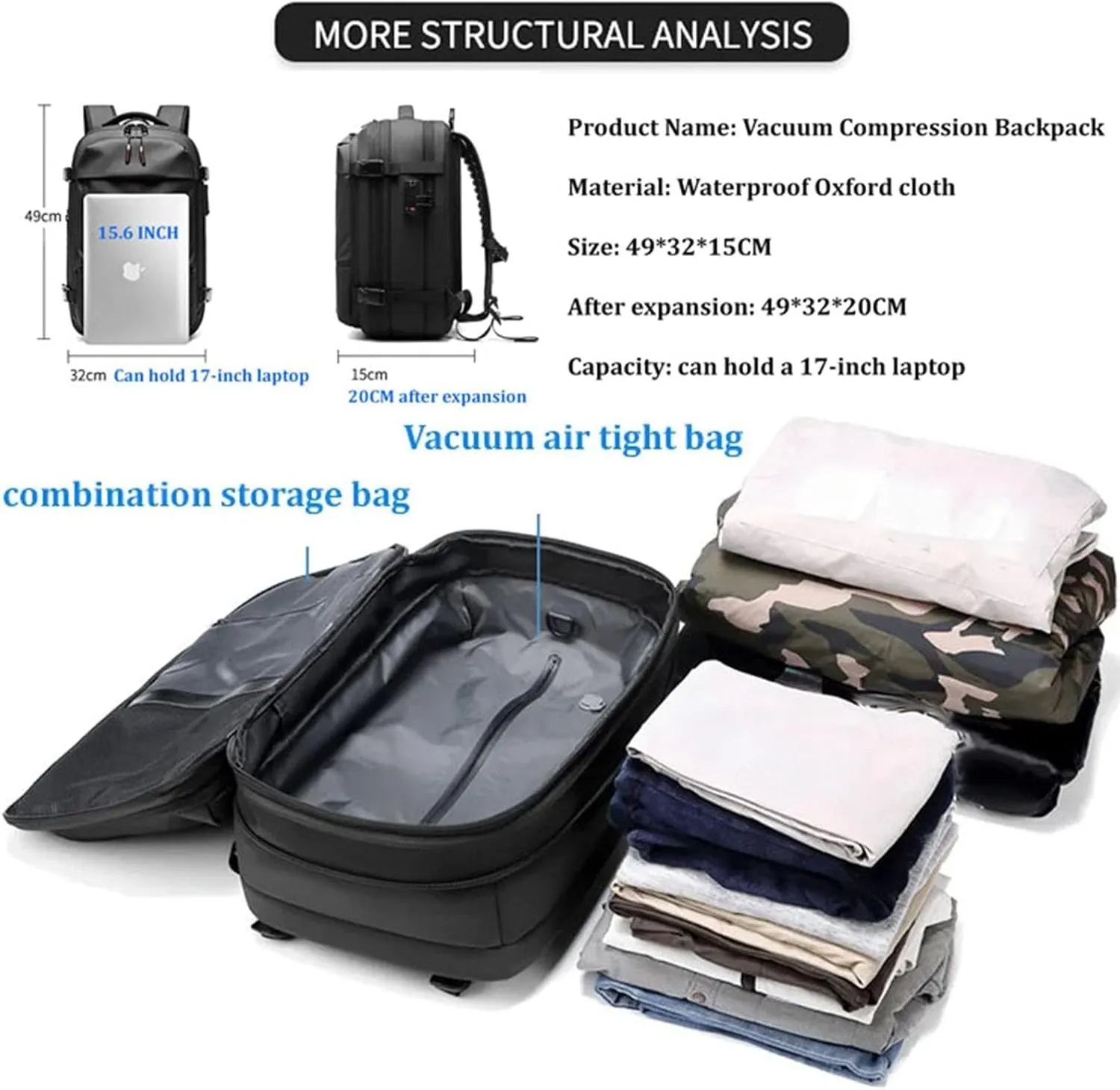 Space Vac Pro Backpack, Vacuum Backpack Travel with Pump, 60l Large-Capacity Travel Expandable with Compression (Grey)